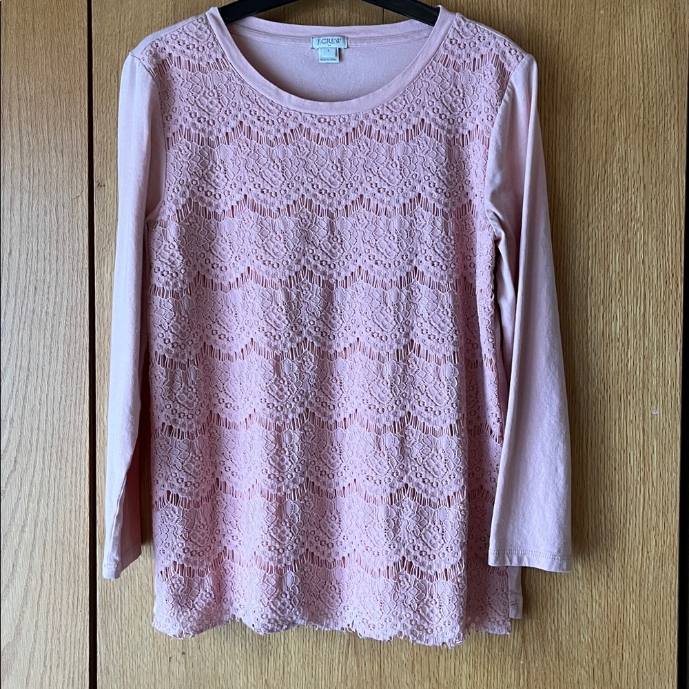 J. Crew pink cotton floral lace overlay Top Tee T Shirt SMALL 3/4 sleeve EUC
